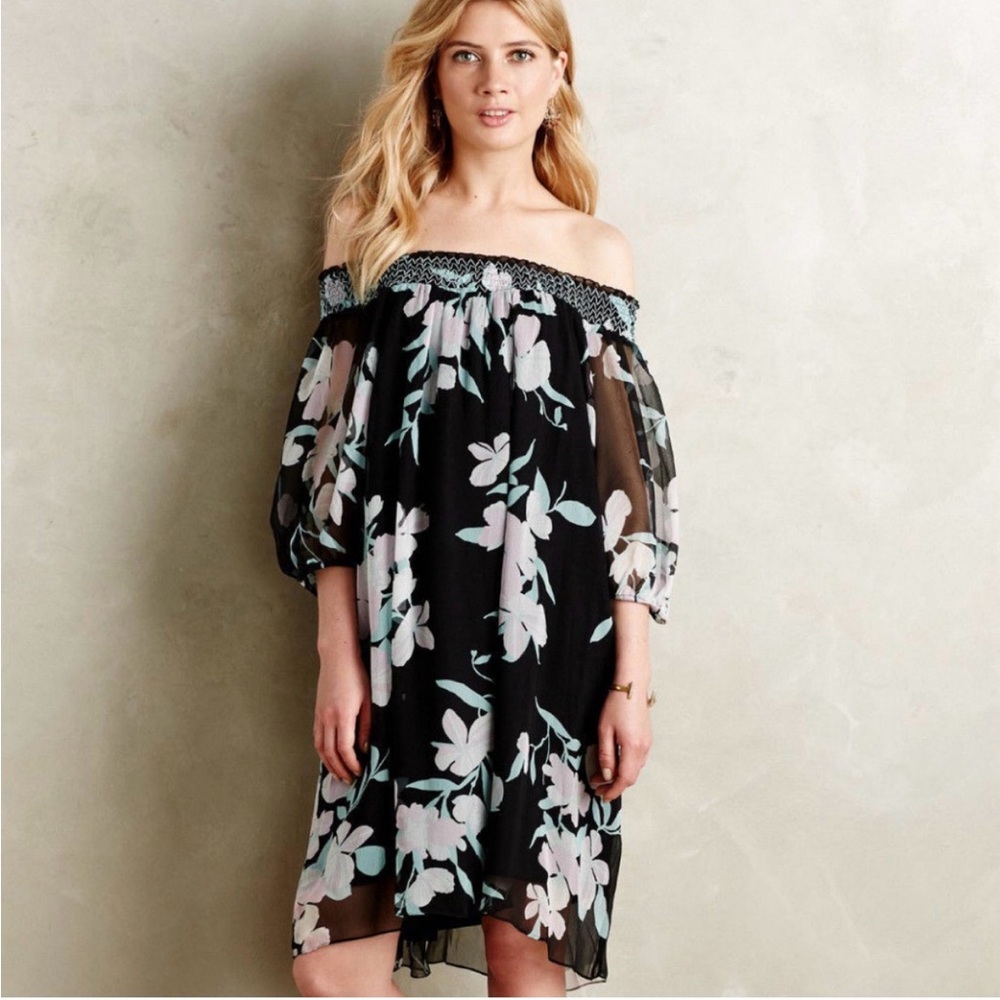 Maeve S Floral Smocked Off-Shoulder Flowy Silk Dress With Tie in Back